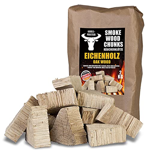Räucherklötze Smoker Grill Chunks für BBQ Buche Eiche Räuchern 2-4 kg XXXL Räucherofen Wood Grillen Smoken Zubehör Raeuchern Feuerschale Chips Grillmaster, Menge:2 kg Eiche