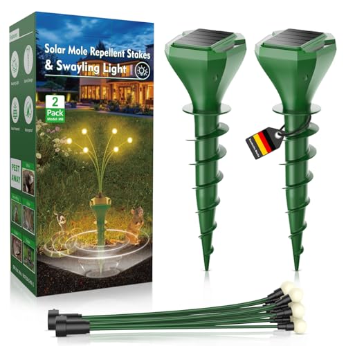 Maulwurf Vertreiber, Maulwurfschreck für Garten, Ultraschall Tiervertreiber, Solar Maulwurf Vertreiber, Nagetierabwehrpfahl mit Glühwürmchenleuchten 2 Stück