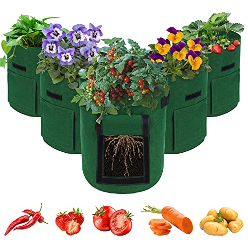 LITLANDSTAR Potato Growing Bag, 5-Pack 15 Gallonen Vegetable Growing Plant Bags mit Sichtfenster und Griffen für Gemüse, Obst, Blumen, Kartoffel (Grün)