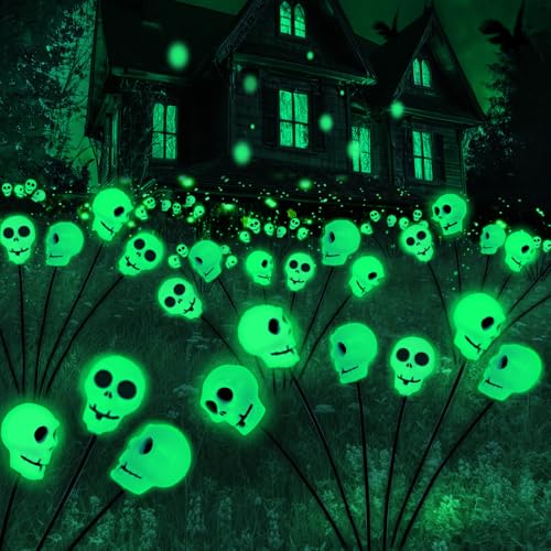 2 Stück Halloween Deko Outdoor Licht,12 LED Scary skelett Halloween Gartenlichter Dekoration,Grüne Skelett Solarlampen,Deko Leuchtend Lichterkette Gartenbeleuchtung Solarlampen für Außen Garten