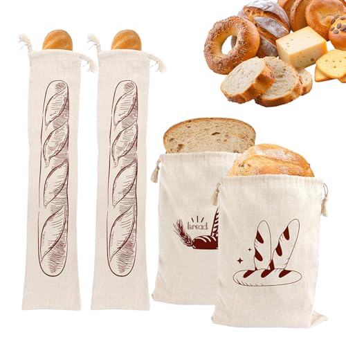 4 Stück Leinen Brotbeutel, Brottasche mit Kordelzug, Brötchenbeutel für Brotaufbewahrung Frischhalten Selbstgemachtes Brot (28×43cm 15×66cm)