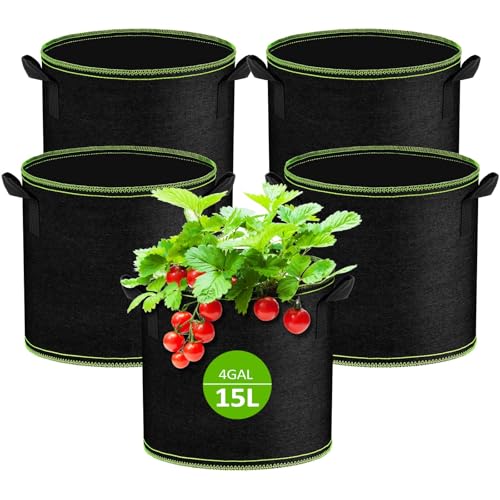 Muyohix 5 Stück Pflanzsack 15L, Stofftopf aus Verdickter 300 G/M² Vliesstoff, Wiederverwendbare Pflanzsäcke mit Griffe, für Tomaten, Kartoffeln, Gemüse, Blumen, Balkon, Garten, Gewächshaus