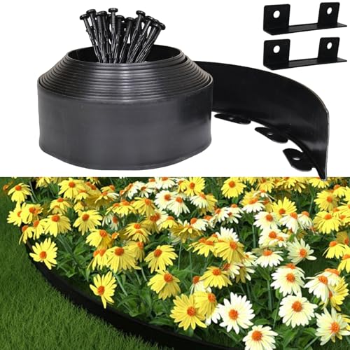 Flexible Rasenkante Kunststoff, Rasenkanten aus Kunststoff 10cmx20m, Inklusive 60 Ankerspitzen und 2 Verbinder, mit einem Paar Handschuhe, Gartenzaun decorativ (Schwarz, 10cmx20m)