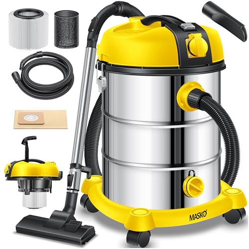 MASKO® Industriestaubsauger Staubsauger Nass Trocken Sauger Edelstahl 2300W + Steckdose | Blasfunktion | Push&Clean | Industrie-Sauger mit & ohne Beutel | Inkl. Wechselfilter | beutellos Gelb