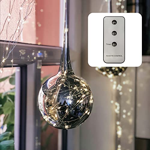 hellum LED Glaskugel zum Hängen mit Lichterkette und Timer, Glaskugel mit Licht, 30 warmweiße LED und Fernbedienung, Glastropfen 40x13cm rauchgraues Glas, Fensterdeko hängend ganzjährig <59lm 524703