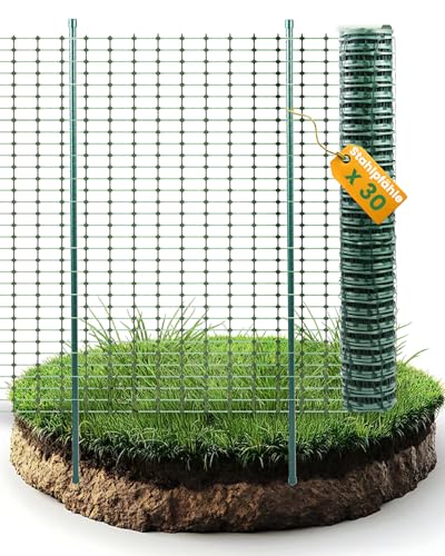 Ezcasch 50m Mobiler Begrenzungszaun Hühnerzaun (100g/㎡ 0.9m Hoch) Camping Hundezaun Gartenzaun Schneidbarer Absperrzaun für Kleintiere Geflügelzaun inkl. 30x Stahlpfähle & 200x Kabelbinder