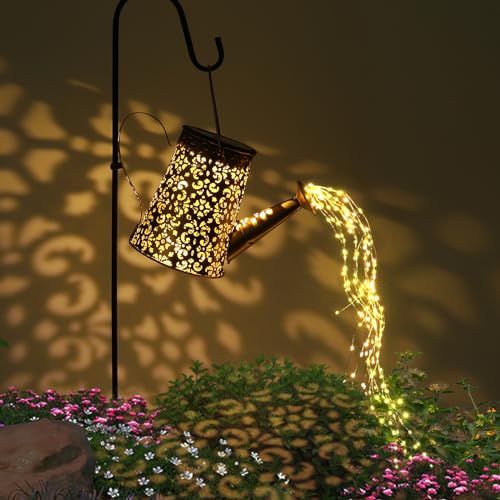 GuKKK Solar Gießkanne mit Lichterkette Gartendeko, LED Außen Solarlampen, IP65 Wasserdicht Gießkannenlicht Lichter mit Schäferhaken, Shower Garten Leuchten, für Garten Hofweg Balkon Terrasse (Cashew)