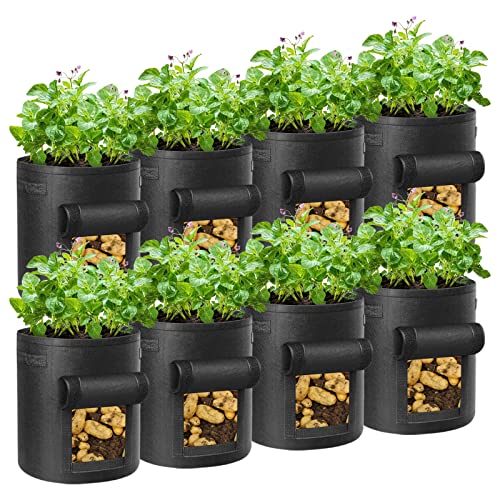 LITLANDSTAR 8 Stück 10 Gallonen Kartoffel Pflanzsack, 37L Kartoffel Pflanzen Tasche aus Vliesstoff mit Sichtbarer Klappe und Griffen für Pflanze Tomaten, Kartoffeln, Gemüse und Blumen (Schwarz)