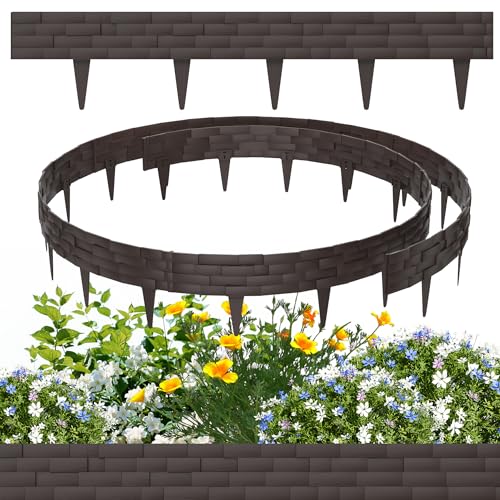 HENGMEI 10m Rasenkanten Kunststoff Beeteinfassung Beetumrandung in Kunststeinfliese Mähkante 10 stücke Randsteine Palisaden Gartenzaun, Braun