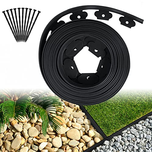 ACXIN Rasenkante Kunstoff 20m, Flexible Beetumrandung Mähkante mit Erdanker, Plastic Gartenzaun Rasenbegrenzung Lawn Border Garten Dekorativ (20m x 5cm, Schwarz)