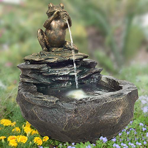 Gartenbrunnen ZIERBRUNNEN VOGELBAD Wasserfall GARTENLEUCHTE TEICHPUMPE - SPRINGBRUNNEN WASSERSPIEL für Garten (DURSTIGER Frosch mit LED-Licht - 230V)