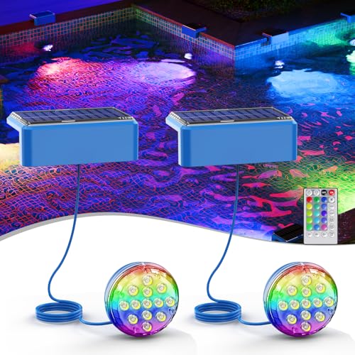 Quntis Solar Poolbeleuchtung Unterwasser 2er Set, IP68 wasserdichtes Pool Licht mit Fernbedienung, 20 RGB Modi & Timer, Dimmbare LED Teichbeleuchtung, Magnetische Pool Deko für Freibad Aufblaspool