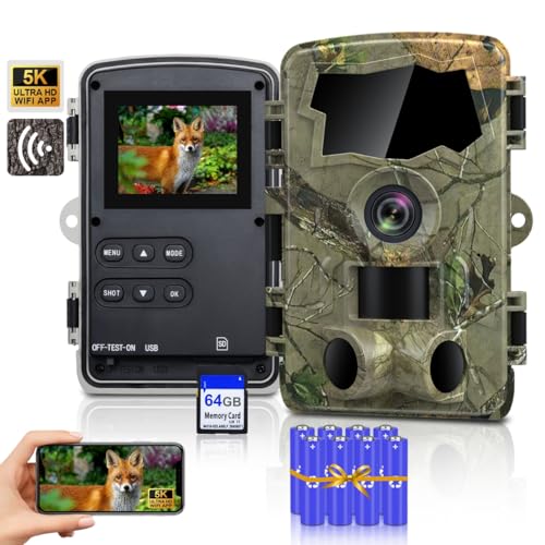 Lutranstra 5K Wildkamera WLAN, 64MP Full HD Wildkamera mit Handyübertragung App mit Akku, Infrarot Wildtierkamera mit 64G SD Karte & 8*AA-Batterien, Bewegungssensor, Nachtsicht, 0,1s Auslösezeit, IP66