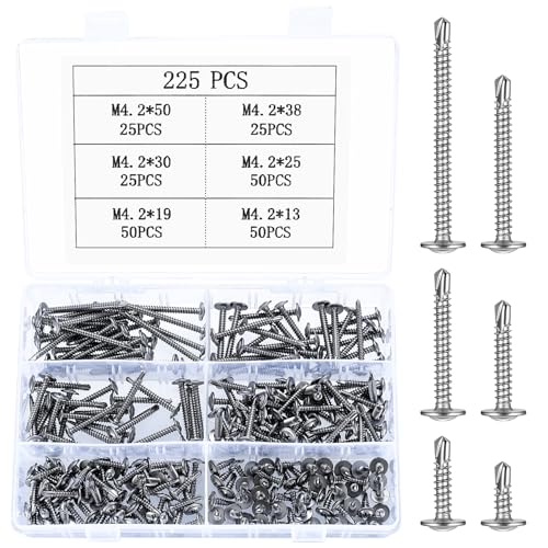 225 Stück Blechschrauben Selbstschneidende Schrauben, M4.2 Bohrschrauben Edelstahl Schrauben Set, Selbstschneidende Kreuzschlitzschrauben, Selbstbohrende Schrauben für Stahl Metallschrauben