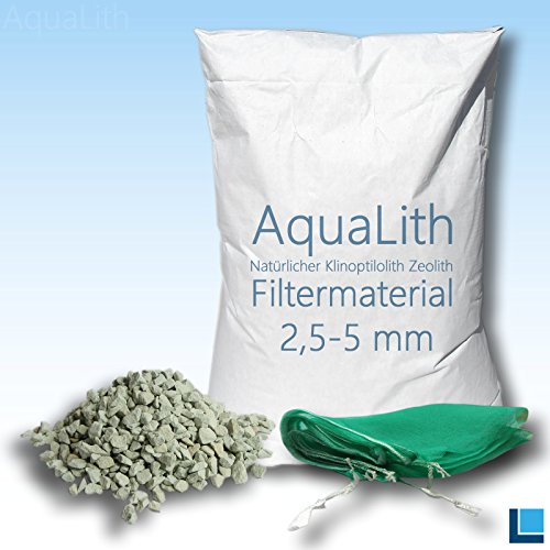 AquaLith 25kg Filtermaterial Zeolith 2,5-5 mm inkl. 2 x Filternetzbeutel für Koiteiche, Gartenteiche, Zierteiche und Schwimmteiche