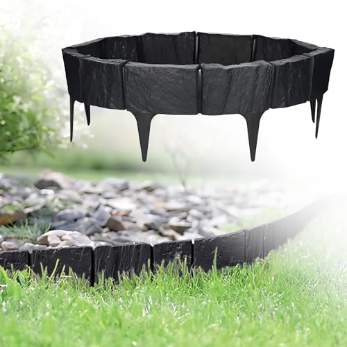 GARDENIX Stein Rasenkante Kunststoff - Beetumrandung Steinoptik, 3.9m Gartenpalisade, Beeteinfassung Anthrazit, 5 Module, UV-beständig Beetzaun, Gartenpalisade Vielseitig Einsetzbar