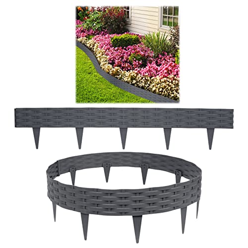 HENGMEI Rasenkanten Kunststoff Beetumrandungen Beeteinfassung 10m Beetumrandung Gartenpalisade Mähkante 10 stücke Rattan-Optik Randsteine Palisaden Gartenzaun, Anthrazit