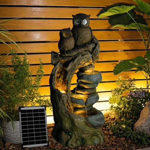 Solar Springbrunnen Außen Eulen, 4 - Stufen Gartenbrunnen Kaskade Zimmerbrunnen mit LED - Beleuchtung, Gartenbrunnen für Balkon, Terrasse, Drinnen & Draußen, Gartendekoration, 87 cm