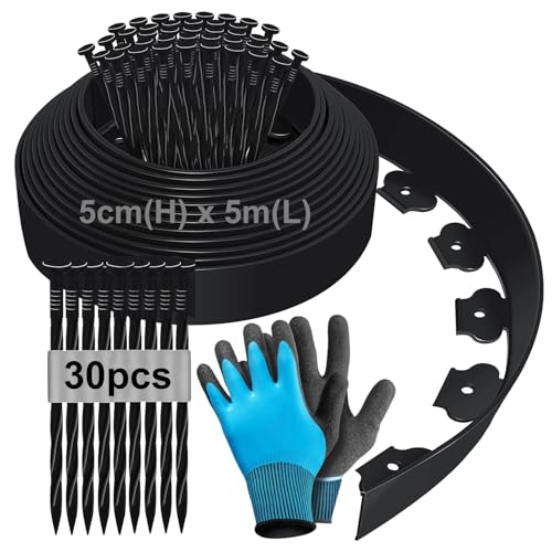5m Flexible Rasenkante aus Kunststoff, 5cm Hoch Beeteinfassung Beetumrandung Kunststoff, Rasenkanten Beetbegrenzung Mähkante Pflastersteine Palisade mit 30 Erdanker und 1Paar Handschuhe - Schwarz 5m
