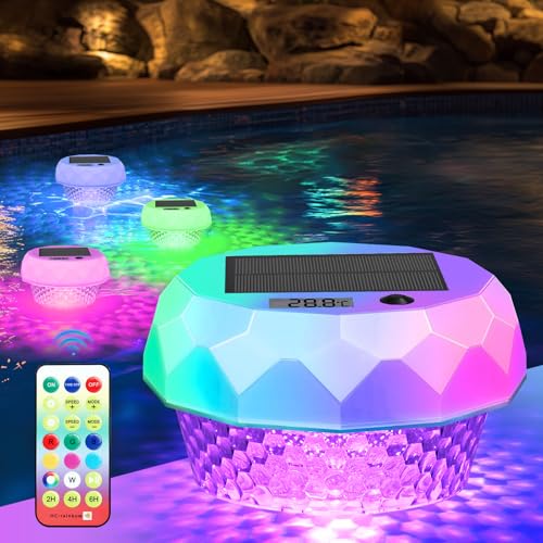 Solar Poolbeleuchtung, LED Schwimmende Pool Licht mit Fernbedienung Thermometer IP68 Wasserdichte RGB Farbwechsel Solarlampe Deko Schwimmende Teichbeleuchtung für Dekoration von Schwimmbädern