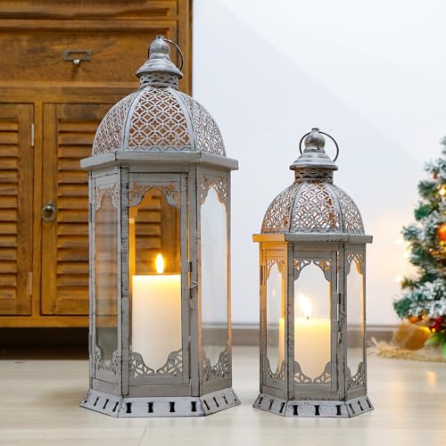 JHY DESIGN 2er-Set Dekorative Kerzenlaternen 50&38 cm hoch Kerzenhalter Vintage-Kerzenständer aus Metall für Garten Veranda Wohnzimmer Innen Außenbereich Partys Hochzeiten Terrasse (Grau)