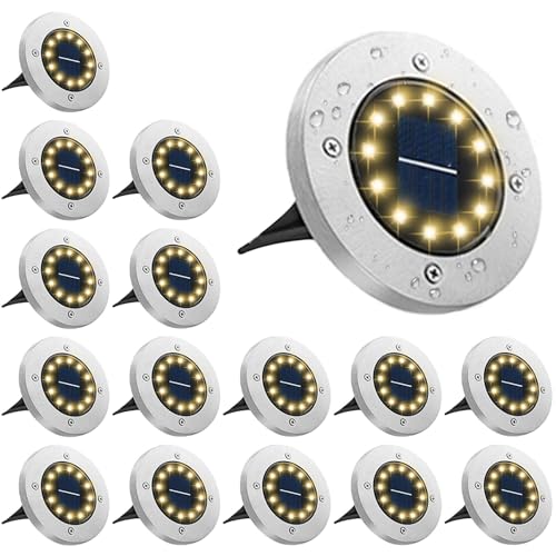 Bowfar 16 Stück Solar Bodenleuchten Aussen, Solarleuchten Garten mit 12 LEDs für Außen, 3000K Warmweiß Wasserdicht Led Solar Gartenleuchten, Solarlampen für Rasen Auffahrt Gehweg Patio Garden