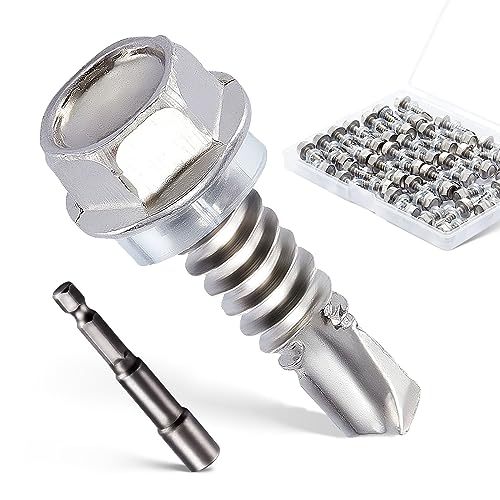 Litorange 121 Stück M4.8 * 16mm Edelstahl Selbstschneidende Schrauben mit Dichtung,Bohrschrauben mit 1 Sechskant Bit Steckschlusselsatz,Blechschrauben Set für Industrie,Stahl,Holz usw