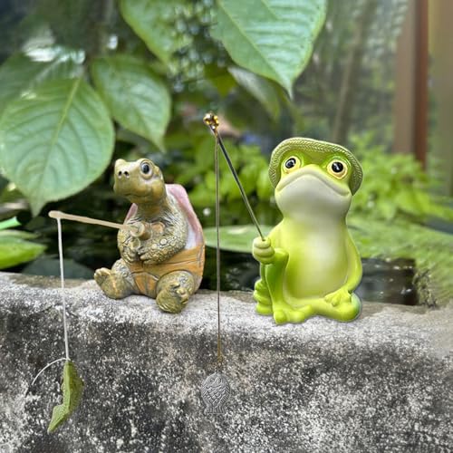 2PCS Gartenfigur Deko Angler, Miniteich Angler für Garten Landschaft, Kreative Teich Gartendekoration, Gartenteich Figuren für Balkon Terrasse Gartenteich Teichdeko Halloween (Froschfigur&Schildkröte)