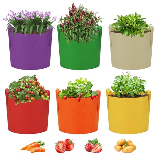 Ohiyoo 6 Stück 28 L Pflanze Wachsende Tasche, 7 Gallone Vliesstoff Pflanztasche Pflanzsack mit Griffe für Kartoffeln, Mehrfarbig Garten Pflanzbeutel für Gemüse, Kartoffel, Tomaten (7 Gallone, 28 L)