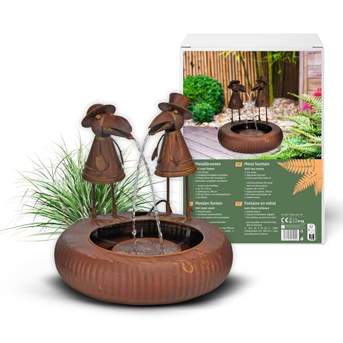 Schauer Metallbrunnen mit Zwei Raben – Wasserspiel in Rostoptik – Gartenbrunnen, Wasserspeier & Gartendeko für Draußen – Zimmerbrunnen, Springbrunnen & Tischbrunnen für Garten, Terrasse & Balkon
