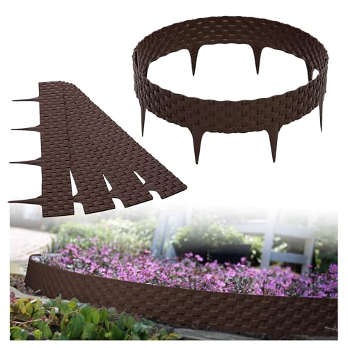 GARDENIX Rattan Rasenkante Kunststoff - Beetumrandung Rattanoptik, 3.2m Gartenpalisade Holz, Beeteinfassung Braun, 4 Module, UV-beständig Beetzaun, Gartenpalisade Vielseitig Einsetzbar