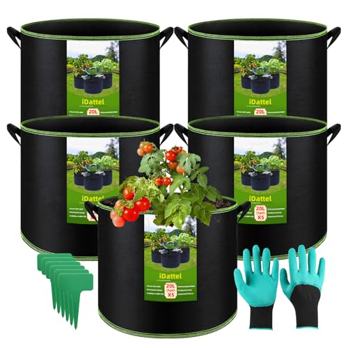 iDattel 5 Stück 20L Pflanzsack,Stofftopf,pflanztaschen mit Griffen-Wiederverwendbare Robuster Stofftöpf für Tomaten & Gemüse - Atmungsaktiver Tomatentopf als Grow Bag für Blumenbeete, Balkonpflanzen