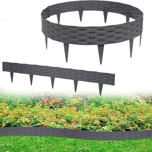 YRHome 10m Rasenkante Beeteinfassung Beetumrandung Gartenpalisade mit 10 Elemente á 100 cm Kunststoff Rattan Design Beetzaun Weidezaun Palisaden Biegbarer UV-beständig Wetterfest Erdspieß Anthrazit