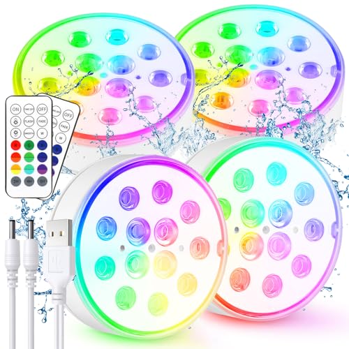 Czemo Unterwasser Licht Wiederaufladbar LED Poolbeleuchtung mit Magnet Poollicht mit Fernbedienung IP68 LED Wasserdicht für Pool Teich Aquarium Beleuchtung (Mehrfarbig-4 Stück)