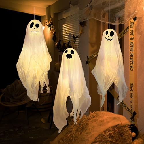 Halloween Deko Geist Mit Warmweißen LED, 3 Stück Halloween Hängende Geister Deko 45cm, Helloween Ghosts, Halloween Geistergesicht Windsack, Halloween Deko Für Hof, Garten, Terrasse, Rasen, Partydekor