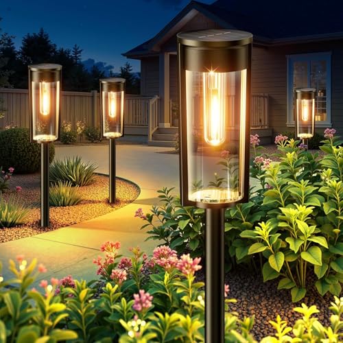 RECHOO Solarlampen für Außen Garten, 4 Stück Vintage Solarleuchten für Außen mit Helle Warmweiß Wolfram Licht, IP65 Wasserdicht Solar Gartenleuchten für Außen Terrasse Rasen Weg Hof Balkon Deko