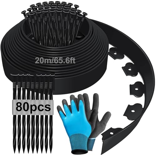 20m x 10cm Flexible Rasenkante aus Kunststoff, Beeteinfassung Beetumrandung Beetbegrenzung Mähkante Pflastersteine Palisade mit Erdanker und Handschuhe - Nero 20m