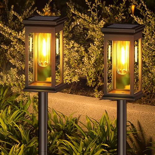 Kimuwote Solarlampen für Außen Garten, 2 Stück Solarleuchten für Außen mit Wolfram Licht Warmweiß, IP65 Wasserdicht Auto Ein/Aus Solarleuchten Garten Deko für Rasen, Terrasse, Hof, Geschenke