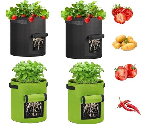 Hitopin 4 Stück Kartoffeln Pflanzen Tasche, 7 Gallonen Pflanztaschen, Kartoffel Pflanzsack Pflanztasche, Pflanztaschen Kartoffelsack mit Stabilen Griffen, für Tomaten, Kartoffeln (26L,Schwarz,Grün)
