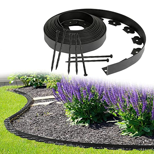 Vigevee Flexible Rasenkante, Beeteinfassungen aus Kunststoff mit 60 Erdanker Plastic Beeteinfassung,Gartenzaun Rasenbegrenzung Lawn Border Garten, Schwarz Länge 20m Höhe 5cm
