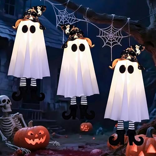 Umikk Halloween Glühen Hängende Geister Mit LED Lichtern -LED Hängende Geister 50CM, 3 Stück Leuchtende Deko für Innen Außen Garten Terrasse, Rasen, Vorgarten, Party Dekoration (Stil 1)