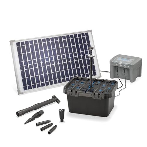 esotec Solar Teichfilterset Profi 25/650 LED proBatt, Teichfilter Komplettset mit Pumpe, BleiGel Akku, Programm-Funktionen, Teichpumpe, 25Wp, Förderhöhe 1,4m, 650l/h, IP68, 101064
