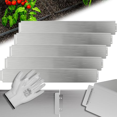 GARDEBRUK® Rasenkante verzinkt 5m 10m 15m 20m 25m 30m 35m 40m 45m 50m 100x15cm oder 100x18cm verzinkt Handschuhe Beeteinfassung Mähkante Palisade Metall, Silber (Länge 10m - Höhe 15cm)