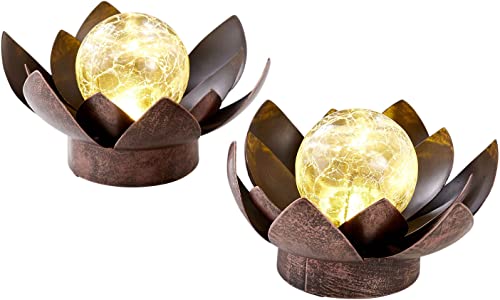 Northpoint 2x Dekorative Batterie Lotus Wasserlilie aus Metall mit Glaskugel integrierter Timer warmweißes Licht - Bruchglasoptik (D x H) 16,5 x 8 cm Braun Klein