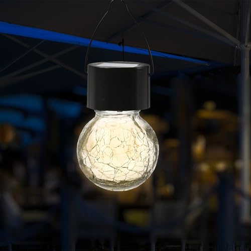LED Solar Hängeleuchte CRACKLE für Außen Solarleuchte in Bruchglas-Optik Kugelleuchte outdoor Gartenleuchte runde Mini Hängelampe H: 9cm (1)