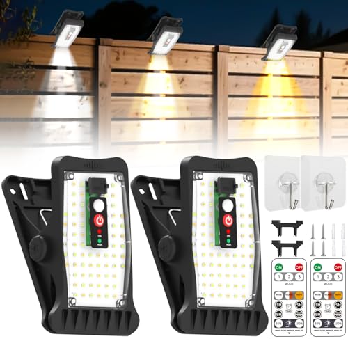 Behogan 2 Stück Solarlampen für Außen, Clip-on Solarleuchten mit Bewegungsmelder, Wasserdichte Wandleuchte mit 70 LEDs und 3 Modi Farbtemperaturen, Solar Lampe mit Fernbedienung für Garten, Hof, Zaun