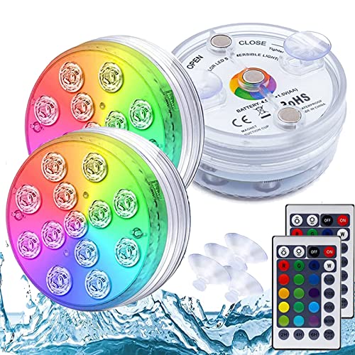 Unterwasser Licht, 2 Stck Pool Licht Unterwasser LED Pool Beleuchtungen Fernbedienung Timer RGB 13 LEDs Farbwechsel IP68 Magnetisch Wasserdichtes Saugnapf für Poolbeleuchtung Vasenbasis Aquarium