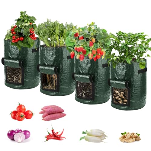 TSKDKIT 4 Stück 10 Gallonen Kartoffel Pflanzsack, Wiederverwendbar 45L kartoffelsack mit Sichtfenster und Griffen, Kartoffeln Pflanzsäcke Atmungsaktiv für Tomaten,Kartoffeln, Pflanzen, Blumen