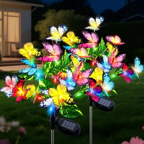 Ninonly Solarlampen für Außen Garten, 2 Stück Solar Schmetterling Solarleuchten Draußen, 8 Modi Wasserdicht Blumen Gartenlampen Outdoor, Garten Deko für Yard Rasen Terrasse Weihnachten
