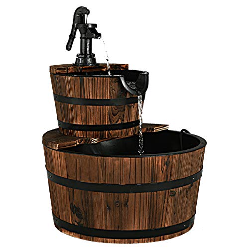 COSTWAY Brunnen Holz, Gartenbrunnen mit Pumpe, Holzbrunnen Holzfass Zierbrunnen, für Garten Rasen Terrasse Hinterhof, Springbrunnen Gartendeko, Braun, Ø 44,5 x 61 cm